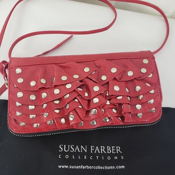 Susan Farber Collections red leather studded crossbody bag ruffled zipper - Picture 2 of 6
